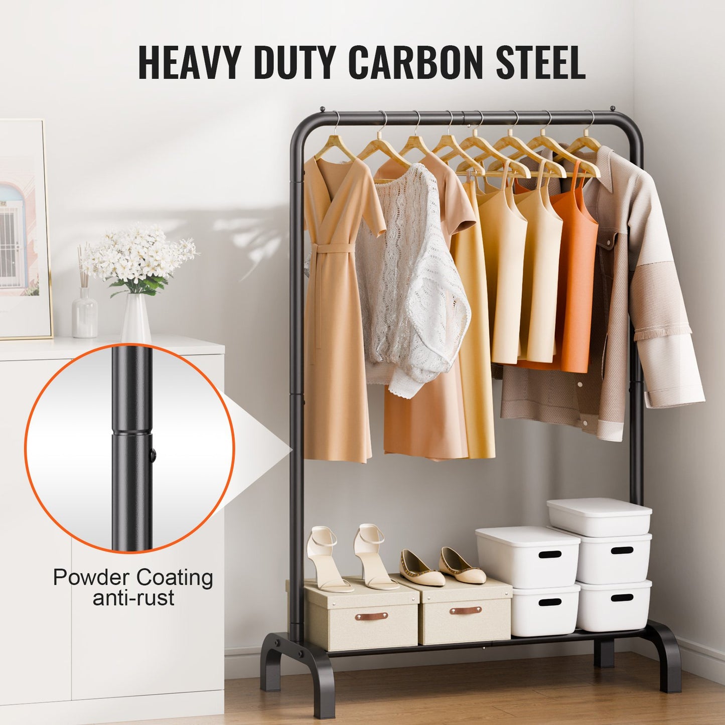 Clothes Rack, Heavy Duty Clothing Garment Rack with Hanging Rod and Bottom Storage Area, Clothing Rack for Bedroom Guest Room