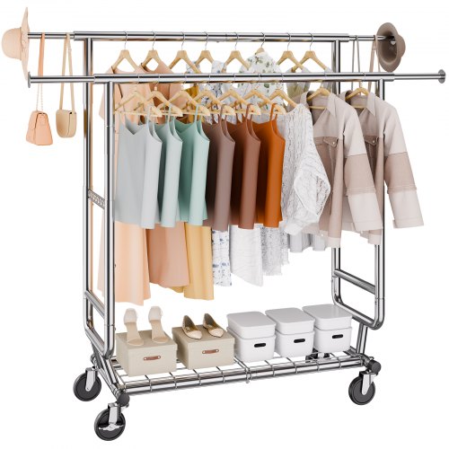 Heavy Duty Clothes Rack, Double Hanging Rod Clothing Garment Rack for Hanging Clothes, Adjustable Height and Extendable Length Clothing Rack with Bottom Storage Area, 272.2kg Load Capacity