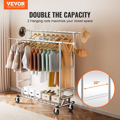 Heavy Duty Clothes Rack, Double Hanging Rod Clothing Garment Rack for Hanging Clothes, Adjustable Height and Extendable Length Clothing Rack with Bottom Storage Area, 272.2kg Load Capacity