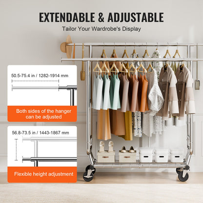 Heavy Duty Clothes Rack, Double Hanging Rod Clothing Garment Rack for Hanging Clothes, Adjustable Height and Extendable Length Clothing Rack with Bottom Storage Area, 272.2kg Load Capacity