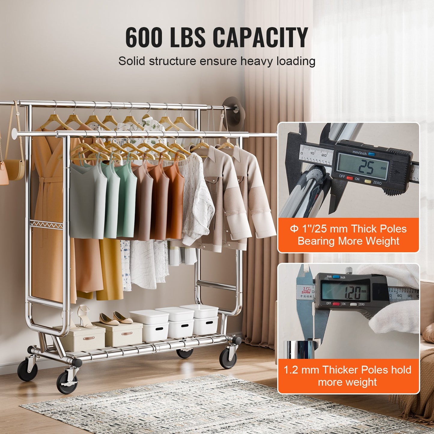 Heavy Duty Clothes Rack, Double Hanging Rod Clothing Garment Rack for Hanging Clothes, Adjustable Height and Extendable Length Clothing Rack with Bottom Storage Area, 272.2kg Load Capacity
