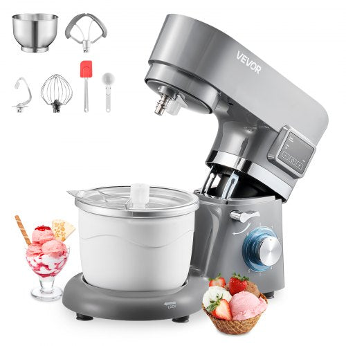 Ice Cream Maker, 1.7 L Capacity, 6-Speed Electric Stand Mixer, with LED Digital Display & Timer, Mixing Paddle, Dough Hook, Splash Guard, for Homemade Frozen Yogurt Fruit Sorbet Gelato, Grey
