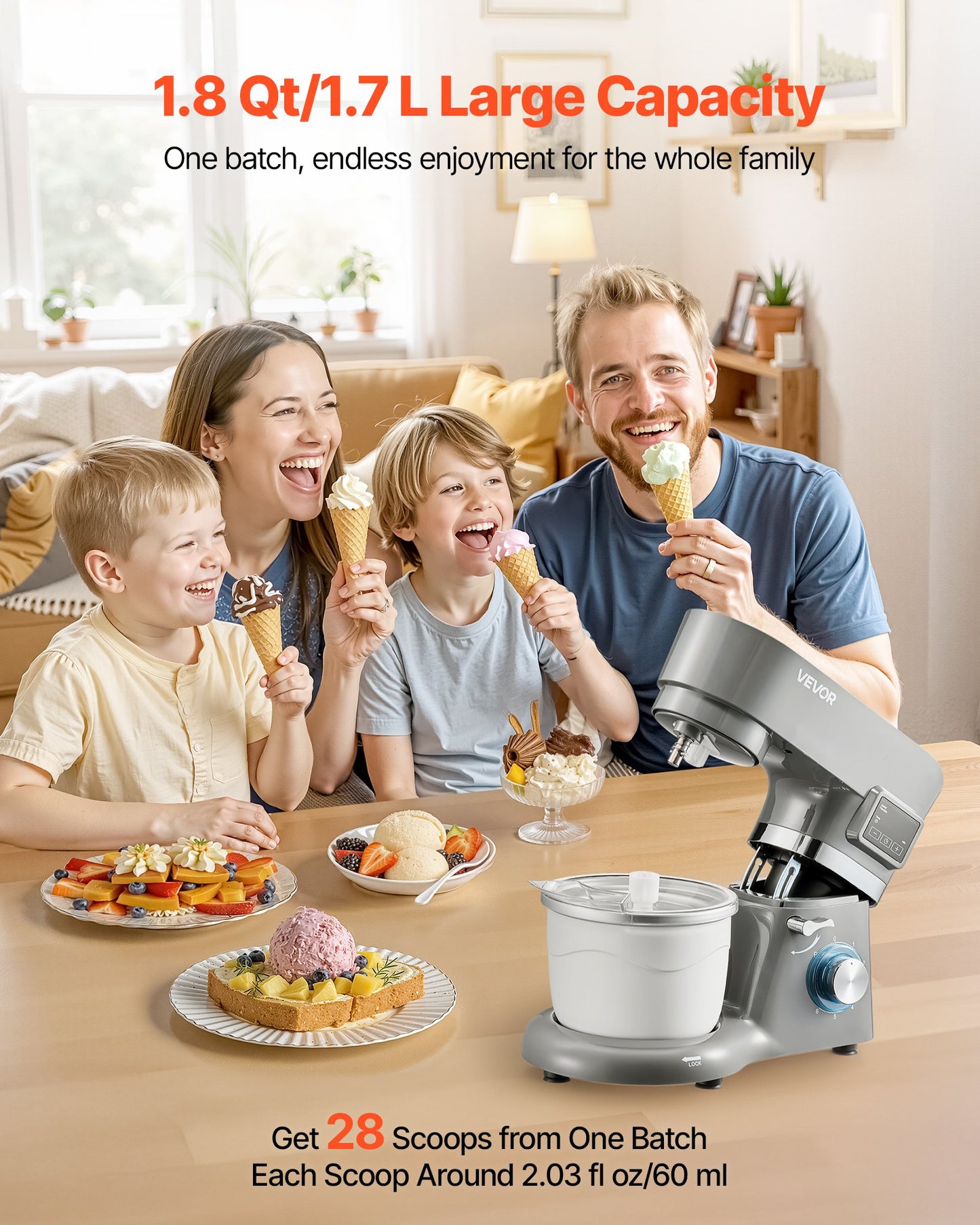 Ice Cream Maker, 1.7 L Capacity, 6-Speed Electric Stand Mixer, with LED Digital Display & Timer, Mixing Paddle, Dough Hook, Splash Guard, for Homemade Frozen Yogurt Fruit Sorbet Gelato, Grey