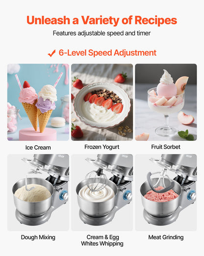 Ice Cream Maker, 1.7 L Capacity, 6-Speed Electric Stand Mixer, with LED Digital Display & Timer, Mixing Paddle, Dough Hook, Splash Guard, for Homemade Frozen Yogurt Fruit Sorbet Gelato, Grey