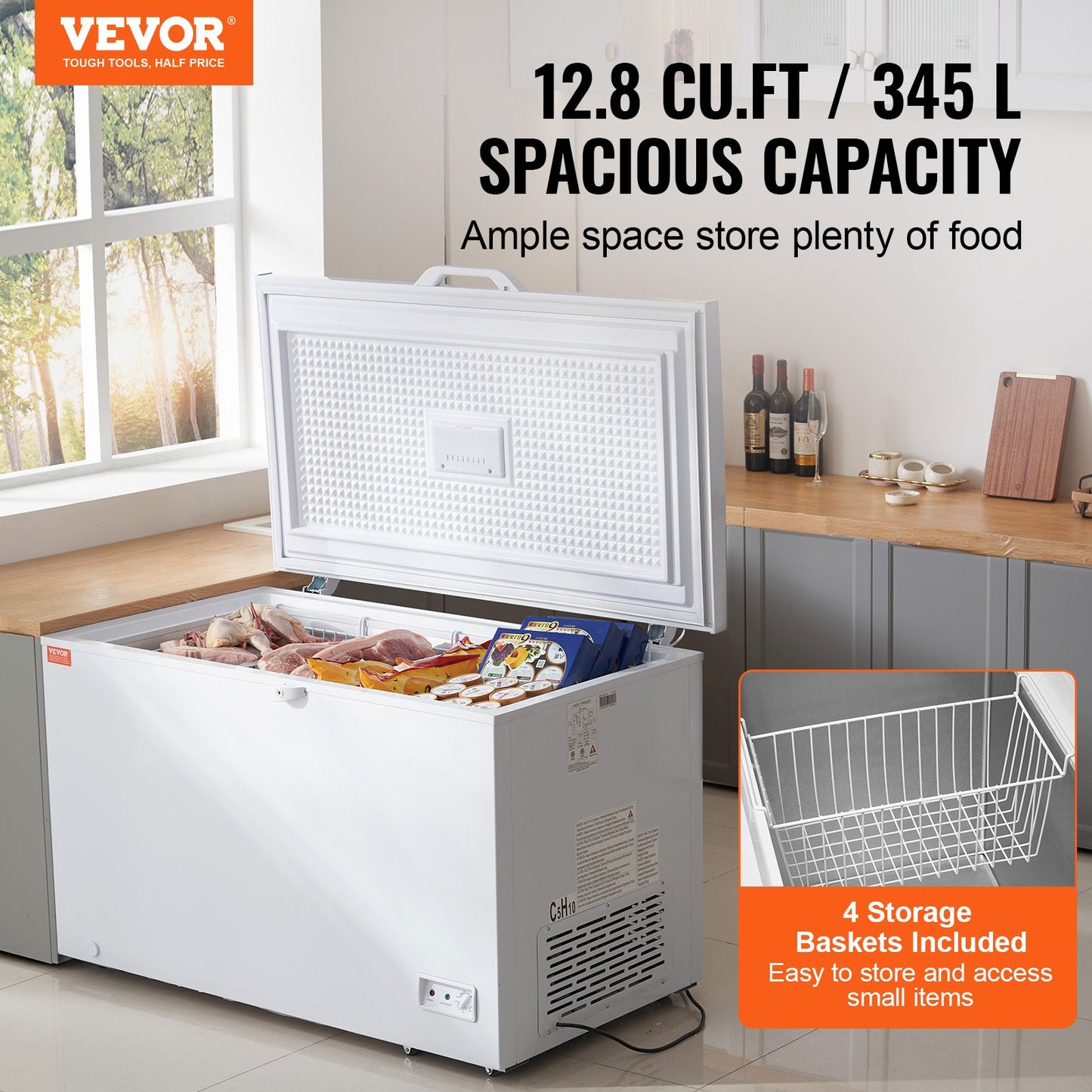 Chest Freezer, 12.8 cu.ft / 345 L Large Deep Freezer & 4 Removable Baskets, Freestanding Top Open Door Commercial Chest Freezers with Locking Lid, 7-Level Adjustable Temp, LED Lighting, 6 Wheels