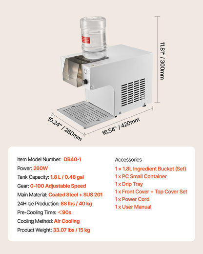 Snowflake Ice Machine, 40KG/24H Snowflake Ice Maker, Ice-Shaver Machine with Stainless Steel Blade, Electric Snow Cone Maker with 1.8L Tank, 90S Fast Pre-Cooling, for Home & Small Gatherings