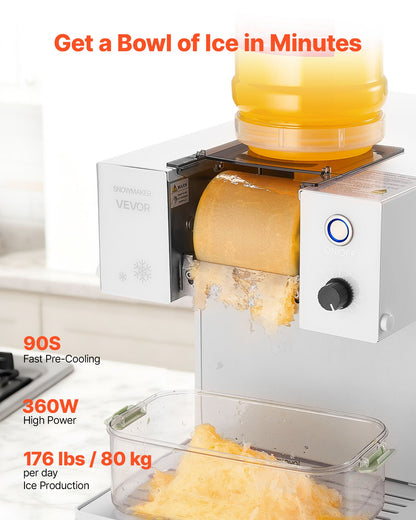 Schneeflocken-Eismaschine, 80 kg/24 h, Eismaschine mit Edelstahlklinge, elektrische Schneekegelmaschine mit 1,8-Liter-Tank, 90 Sekunden Vorkühlzeit, für Zuhause und kleine Feiern