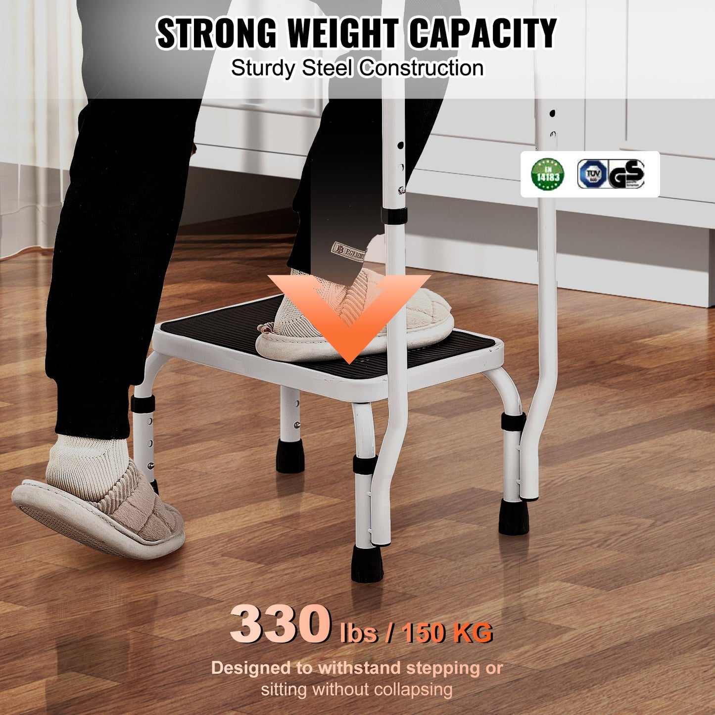 Step Stool 1-Step 150KG Capacity, 3 Adjustable Height with Handle Steel Step Ladder, Portable Toddler Step Stools for Adults, Non-Slip Sturdy Step Ladders for Office, RVs, Pets