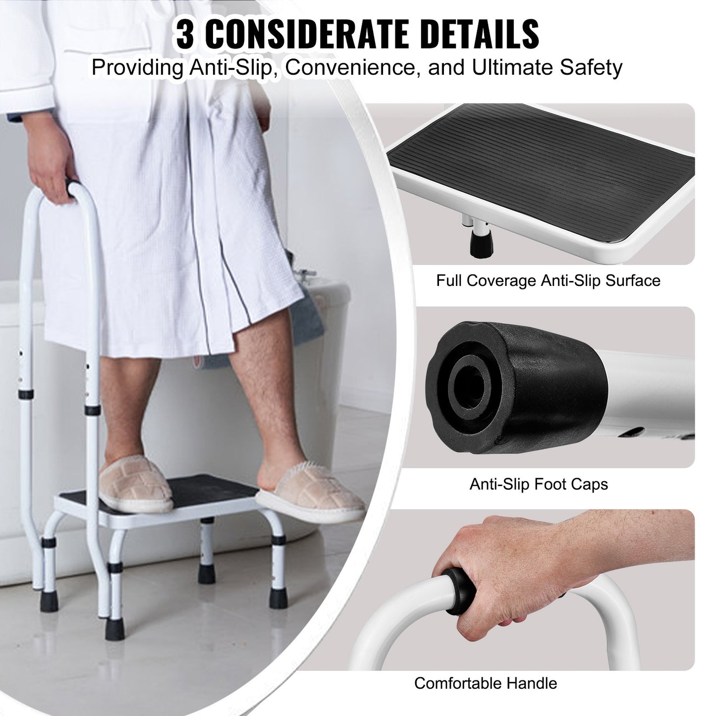 Step Stool 1-Step 150KG Capacity, 3 Adjustable Height with Handle Steel Step Ladder, Portable Toddler Step Stools for Adults, Non-Slip Sturdy Step Ladders for Office, RVs, Pets