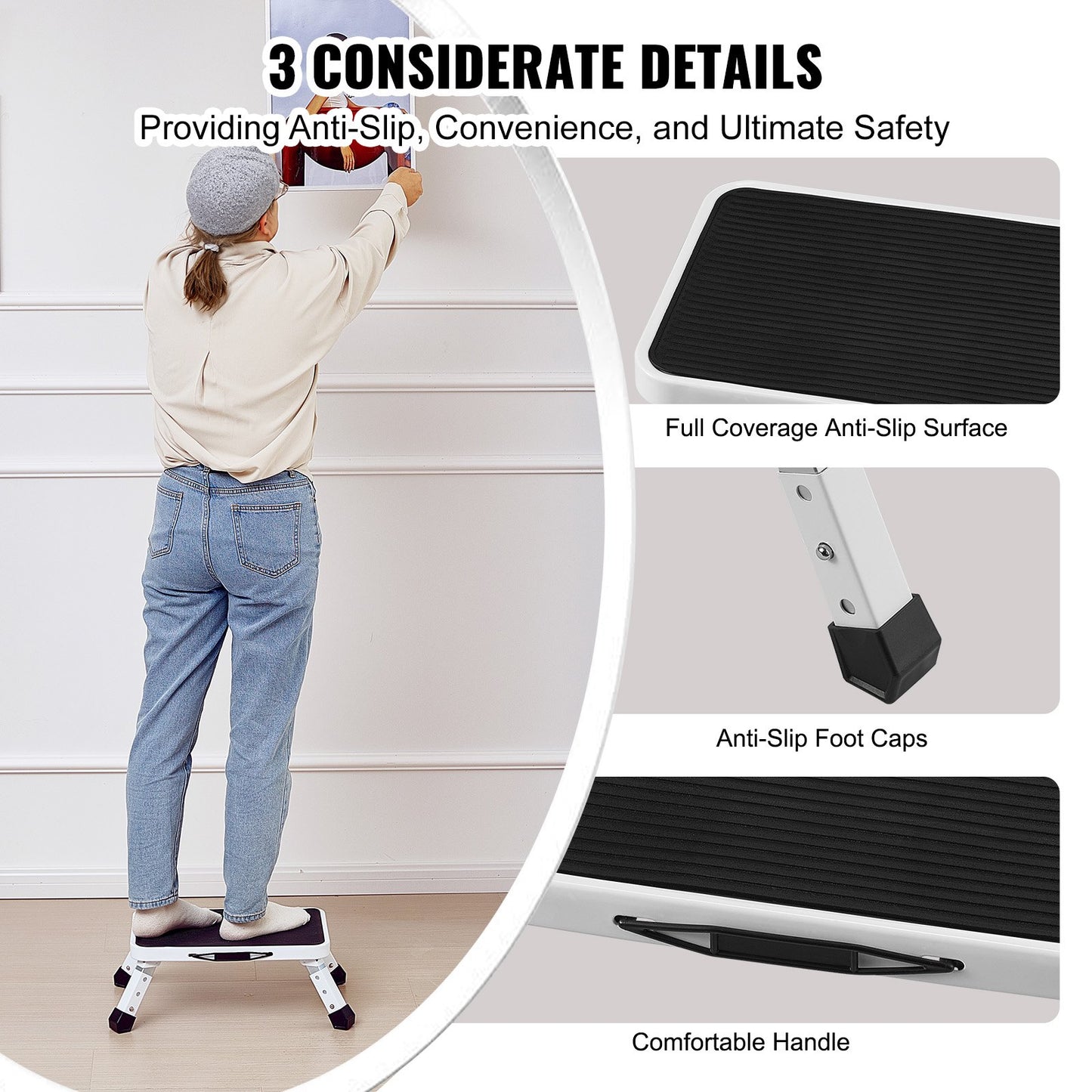 Step Stool 1-Step 150KG Capacity, Folding Steel Step Ladder 3 Adjustable Height, Portable Toddler Step Stools for Adults, Non-Slip Sturdy Step Ladders for Office, RVs, Pets, Bathrooms,Bedrooms