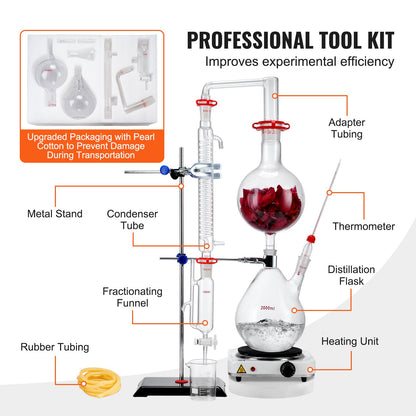 Essential Oil Distillation Kit, 2000ml Distillation Apparatus, 3.3 Boro Lab Glassware Distillation Kit with 1000W Heating Plate and 24, 40 Joint, 28 pcs Set