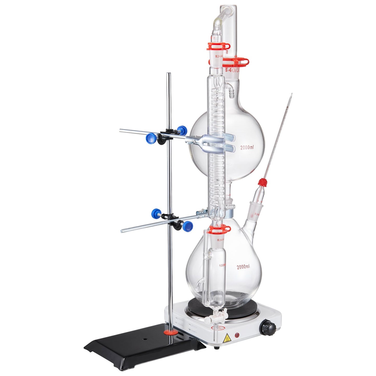Essential Oil Distillation Kit, 2000ml Distillation Apparatus, 3.3 Boro Lab Glassware Distillation Kit with 1000W Heating Plate and 24, 40 Joint, 28 pcs Set