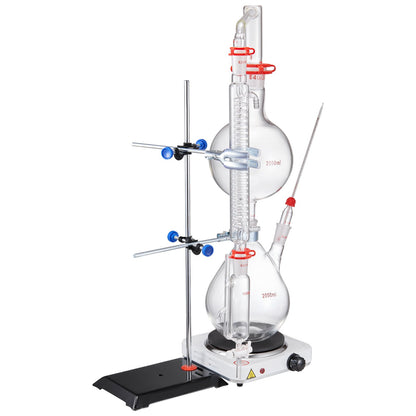 Essential Oil Distillation Kit, 2000ml Distillation Apparatus, 3.3 Boro Lab Glassware Distillation Kit with 1000W Heating Plate and 24, 40 Joint, 28 pcs Set