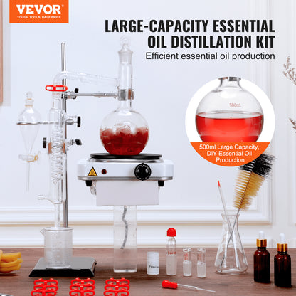 Essential Oil Distillation Kit, 500ml Distillation Apparatus, 3.3 Boro Lab Glassware Distillation Kit with 1000W Heating Plate and 24, 40 Joint, 33 pcs Set