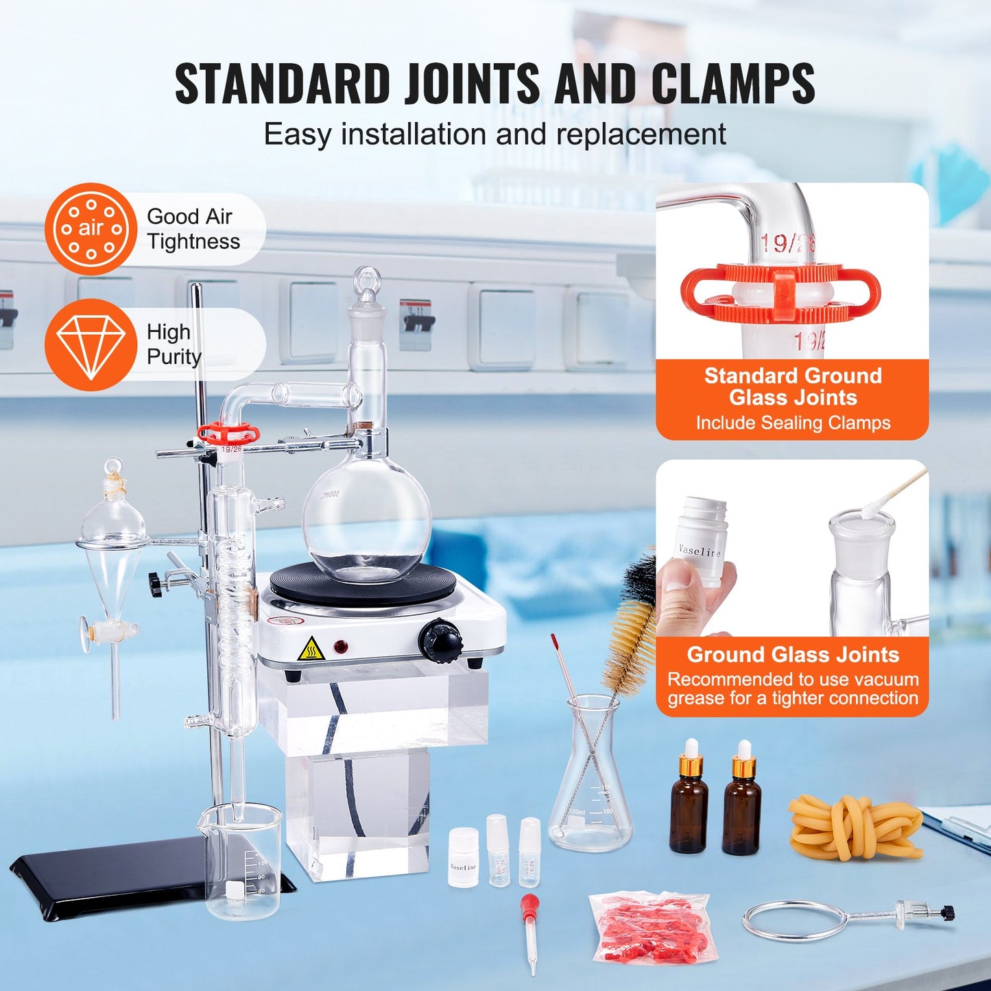 Essential Oil Distillation Kit, 500ml Distillation Apparatus, 3.3 Boro Lab Glassware Distillation Kit with 1000W Heating Plate and 24, 40 Joint, 33 pcs Set