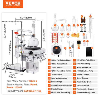 Essential Oil Distillation Kit, 500ml Distillation Apparatus, 3.3 Boro Lab Glassware Distillation Kit with 1000W Heating Plate and 24, 40 Joint, 33 pcs Set