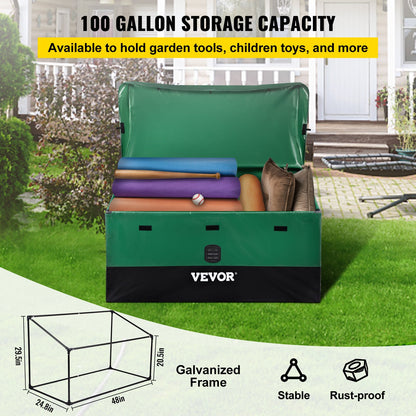 Outdoor Storage Box, 100 Gallon Waterproof PE Tarpaulin Deck Box with Galvanized Frame, All-Weather Protection & Portable, for Camping, Garden, Poolside, and Yard, Brown & Blue