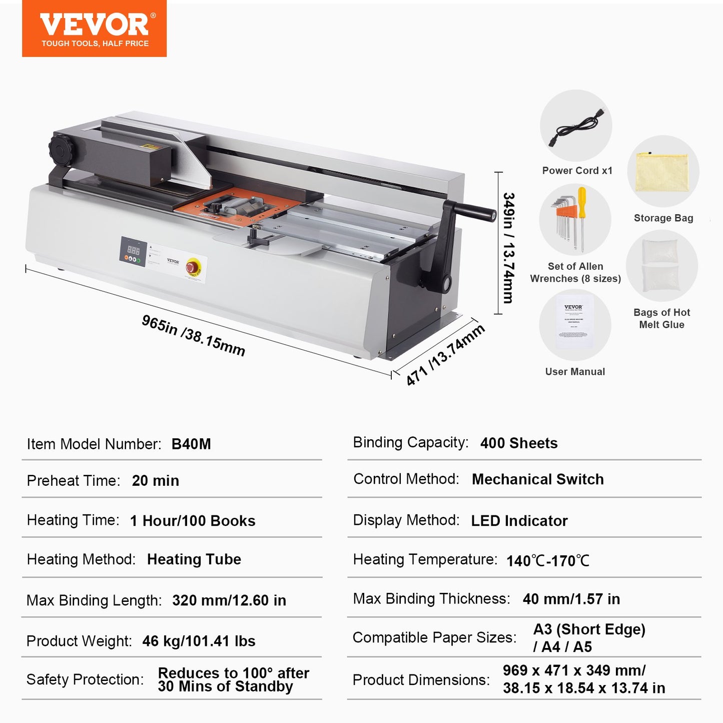 Thermal Binding Machine, 400 Sheets Capacity Hot Glue Binding Machine, Thermal Book Binder 40mm Binding Thickness A3(Short Edge)/A4/A5 Document