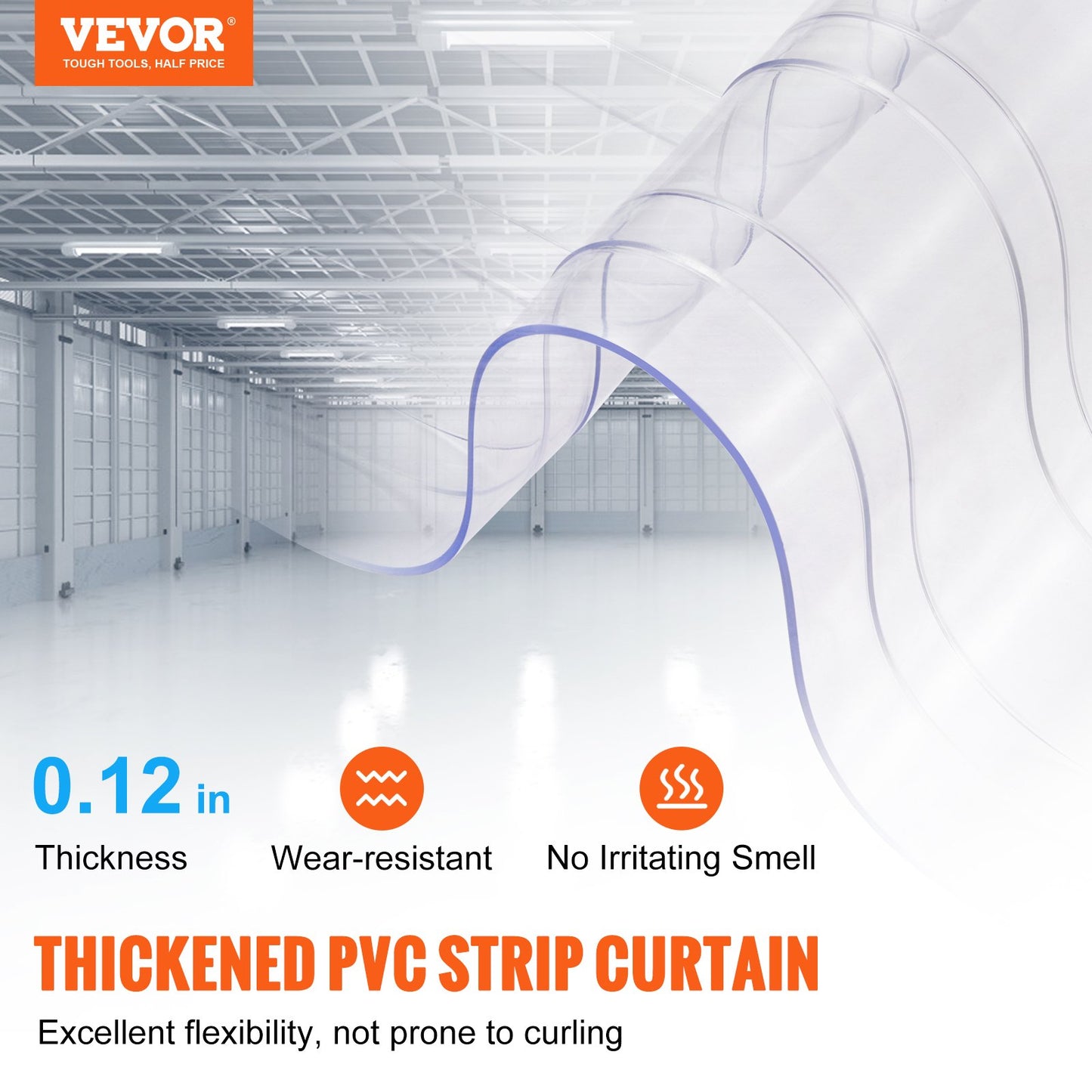 Strip Curtain, 100' Length x 12" Width x 0.12" Thickness, Clear Ribbed PVC Curtain Strip Door Bulk Roll, Plastic Door Strips for Doorway of Supermarket, Garage, Warehouse, Barn, Pet Animal House