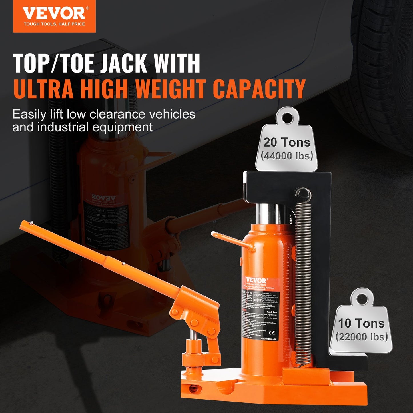 Hydraulic Toe Jack, 10 Ton On Toe Toe Jack Lift, 20 Ton On Top Lift Capacity Machine Jack, 1.2-7.5 in Toe Height, 12.6-18.9 in Top Height, Air Hydraulic Claw Jack for Machinery, Industry