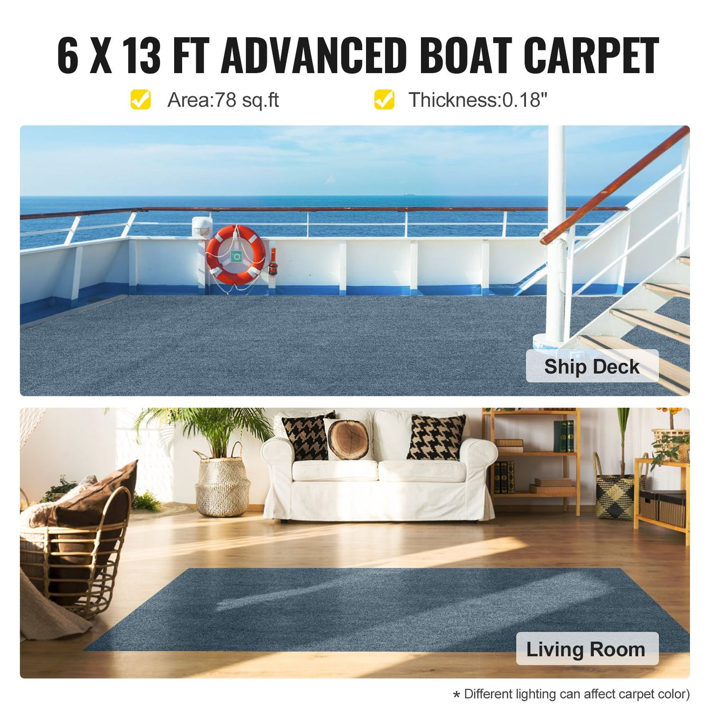 Marine Carpet 182.9x396.2 cm Boat Carpet Rugs Indoor Outdoor Rugs for Patio Deck Anti-Slide TPR Water-proof Back Cut Outdoor Marine Carpeting Easy Clean Outdoor Carpet Roll Entryway Porch (182.9x396.2 cm, Gray)