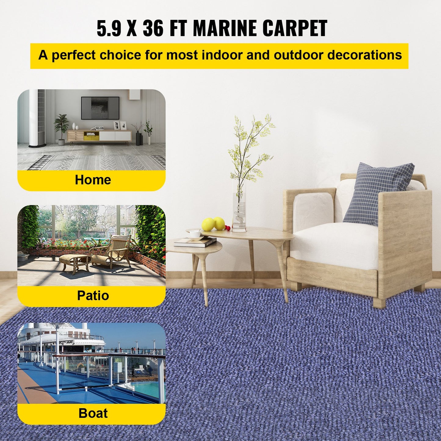 Indoor Outdoor Rug Carpet 5.9x36ft Outdoor Rug with Waterproof Back Outdoor Rug for Patio Porch Deck Garage Outdoor Area Rug Runner Anti-Slide Porch Rug No Mildew Kitchen Carpet(Blue,11M)