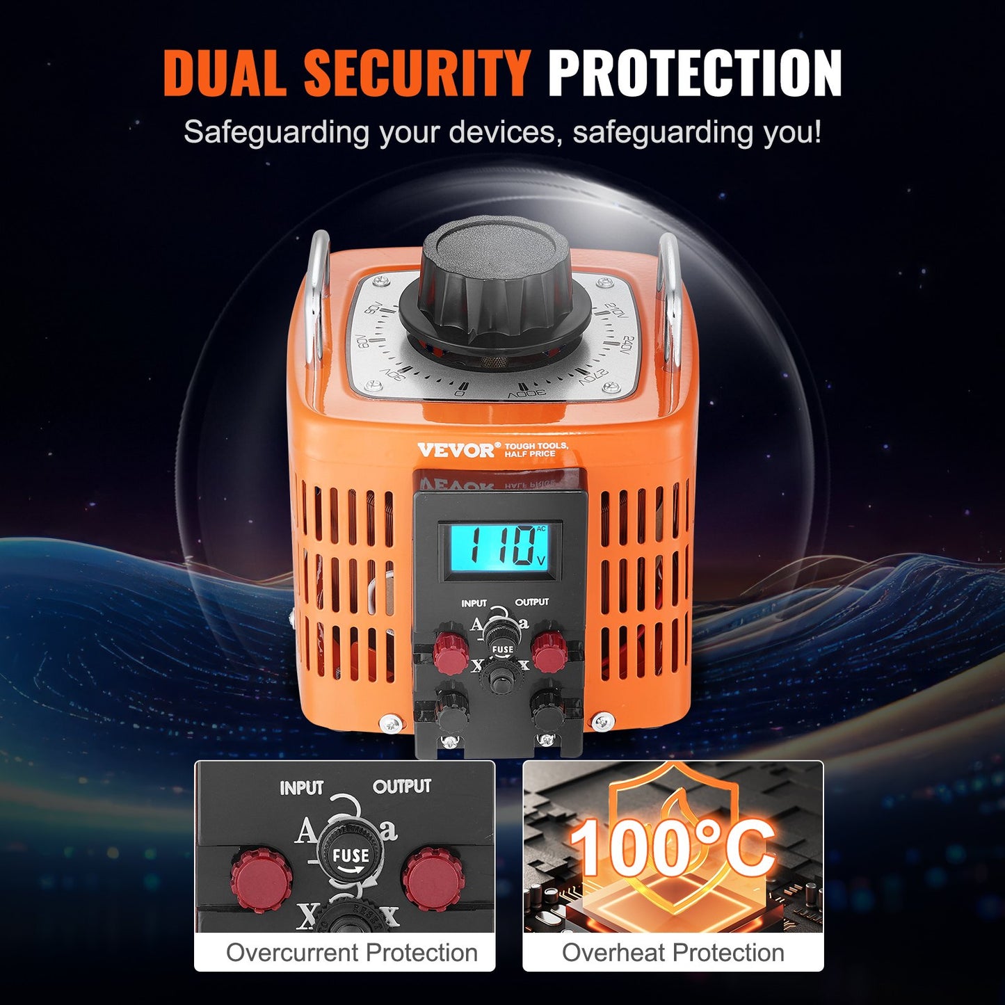 Automatischer Spannungsregler 2000 VA, 6,6 A, 230 V Eingang, 0–300 V Ausgang, mit LCD-Anzeige, 4 zusätzlichen Sicherungen und Thermoschalter für Haushalt, Industrie und Büro, CE-zertifiziert