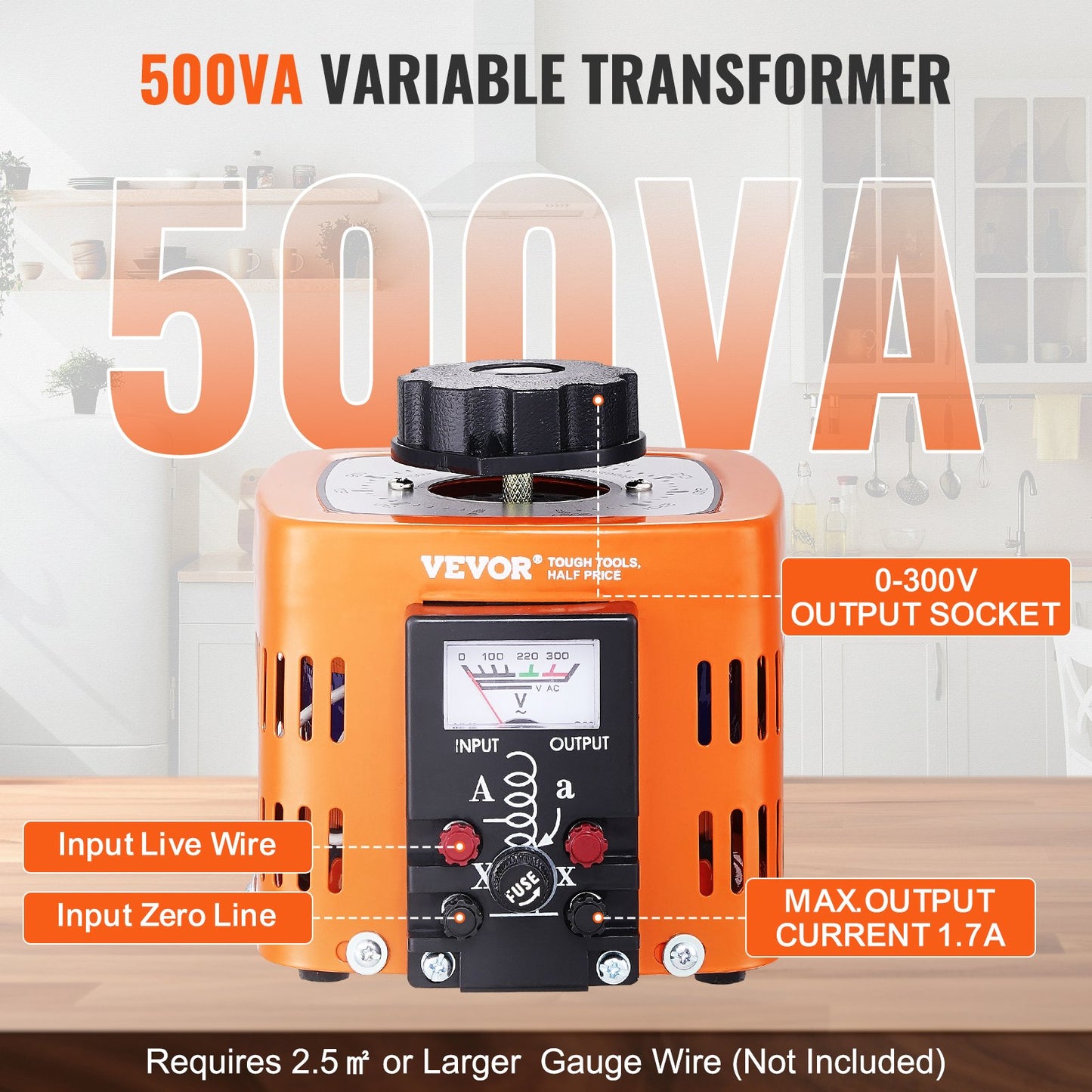 500VA Auto Variable Voltage Transformer, 1.7 Amp, 230V Input 0-300V Output AC Voltage Regulator Power Supply, with 4 Extra Fuses Thermal Control Switch for Home Industrial Office, CE-Certified