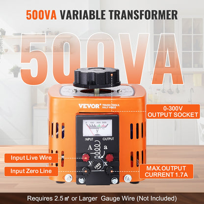 500VA Auto Variable Voltage Transformer, 1.7 Amp, 230V Input 0-300V Output AC Voltage Regulator Power Supply, with 4 Extra Fuses Thermal Control Switch for Home Industrial Office, CE-Certified