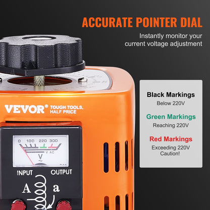 500VA Auto Variable Voltage Transformer, 1.7 Amp, 230V Input 0-300V Output AC Voltage Regulator Power Supply, with 4 Extra Fuses Thermal Control Switch for Home Industrial Office, CE-Certified