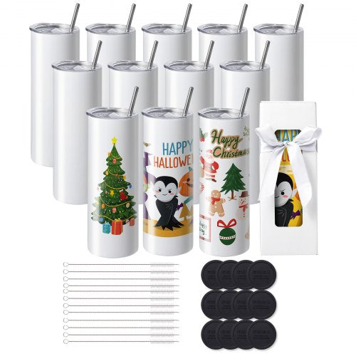 12 Pack Straight Sublimation Tumblers, 591.5 ml Blank Tumbler Bulk, Stainless Steel Double Wall Tumbler Cups with Straw, Lid, Brush, Base, Shrink Wrap, Gift Box, for Heat Press and Heat Transfer