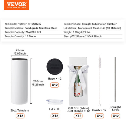 12er-Packung Sublimationsbecher, 591,5 ml, doppelwandige Edelstahlbecher mit Strohhalm, Deckel, Bürste, Boden, Schrumpffolie und Geschenkbox, geeignet für Transferpressen und Wärmetransfer.