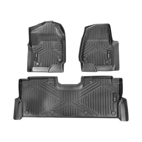 Automotive Floor Mats, Fits for Ford F250 F350 F450 F550 2017-2024 2025 Super Duty Crew Cab Bucket Seat with Under Seat Storage, 3 pcs Front and 2nd Row Liners, Floor Liners for Trucks, Black