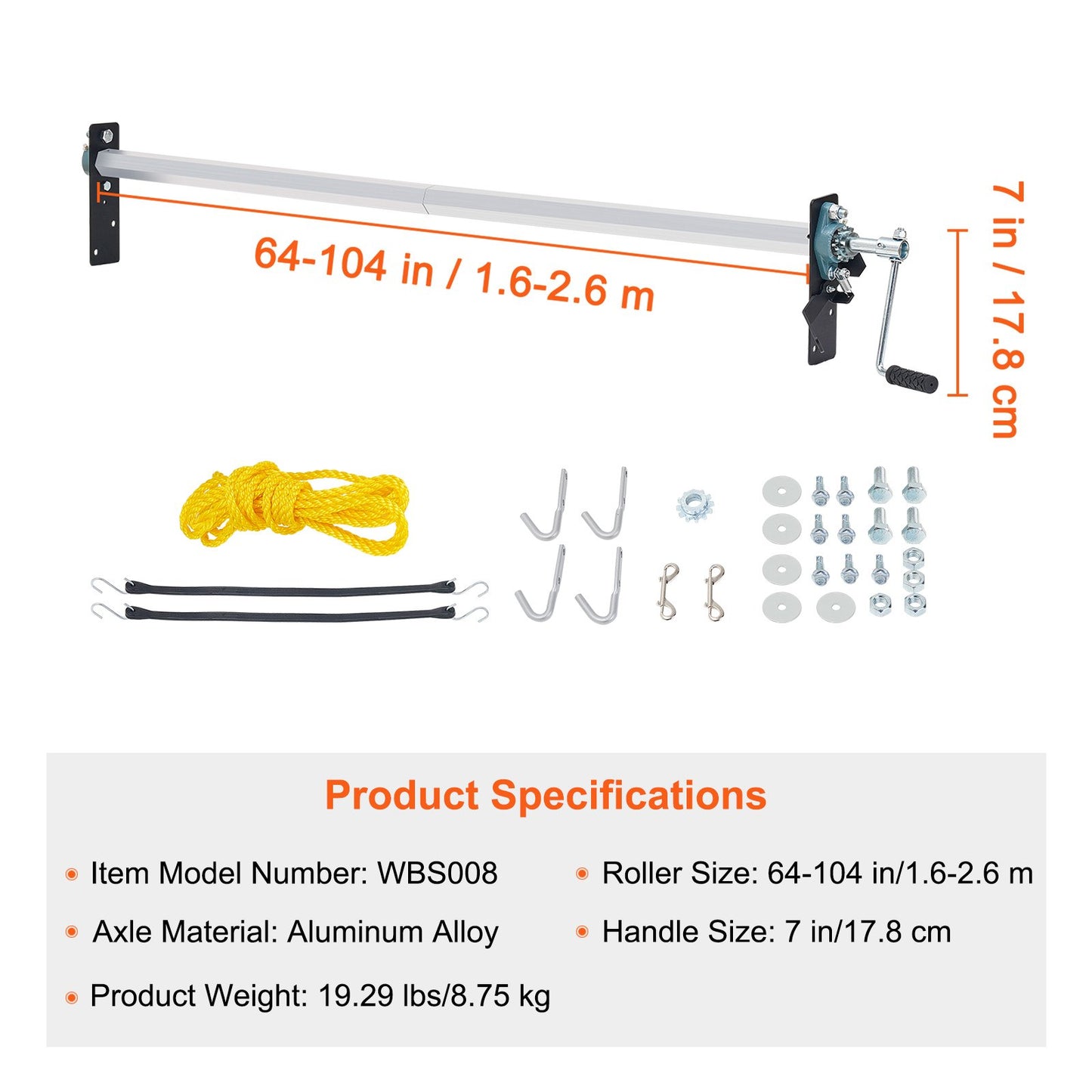 Hand Crank Tarp Roller Kit, 64" to 104" Wide, Aluminum Alloy, Manual Cab Level Dump Truck Tarp Roller with 7" Sponge-Wrapped Handle, Perfect for Dump Trucks, Trailers, Trash Haulers (No Tarp)