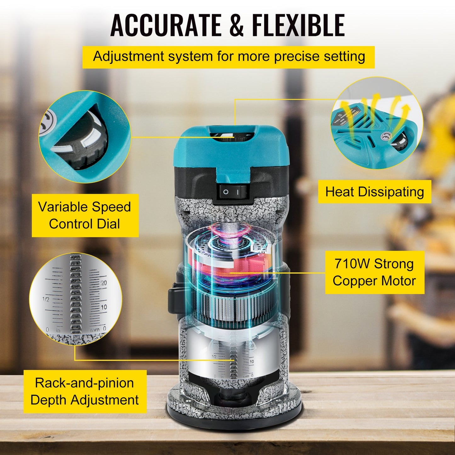 Router Tool, 710W Wood Router, Router for Woodworking with 3 Router Collets, Wood Router Tool with Fixed & Plunge & Tilt & Offset Base, Woodworking Router with Aluminum Shell & Variable Rotating