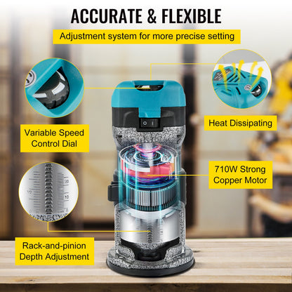 Router Tool, 710W Wood Router, Router for Woodworking with 3 Router Collets, Wood Router Tool with Fixed & Plunge & Tilt & Offset Base, Woodworking Router with Aluminum Shell & Variable Rotating