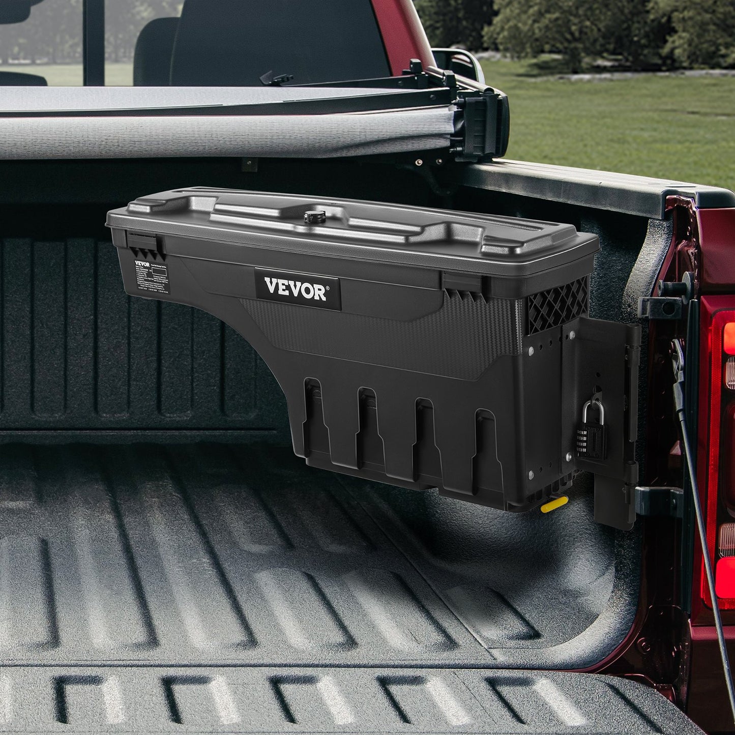 Werkzeugkiste für die Ladefläche eines Pickups, abschließbarer Deckel, wasserdichte ABS-Radkastenbox, 20 Liter (6,6 Gallonen) mit Zahlenschloss, kompatibel mit Dodge Ram 1500 (2019–2021), Beifahrerseite, Schwarz