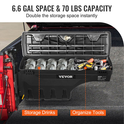 Truck Bed Storage Box, Lockable Lid, Waterproof ABS Wheel Well Tool Box 6.6 Gal/20 L, Compatible with Chevrolet Silverado 1500 GMC Sierra 1500 2019-2020, Driver Side, Black