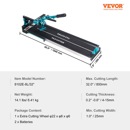 Manual Tile Cutter, 800mm, Porcelain Ceramic Tile Cutter with Tungsten Carbide Cutting Wheel, Infrared Positioning, Anti-Skid Feet, Durable Rails for professional installers or beginners