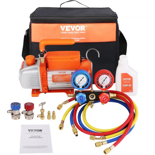 186W(1/4 HP) 267 L/min(4.5 CFM) AC Vacuum Pump and Gauge Set, Single Stage Rotary Vane HVAC Air Vacuum Pump A/C Refrigerant Kit Manifold Gauge Set, with Three-Color Hose Carry Bag, Applicable to R134a, R410a