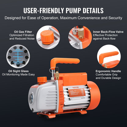 186W(1/4 HP) 267 L/min(4.5 CFM) AC Vacuum Pump and Gauge Set, Single Stage Rotary Vane HVAC Air Vacuum Pump A/C Refrigerant Kit Manifold Gauge Set, with Three-Color Hose Carry Bag, Applicable to R134a, R410a