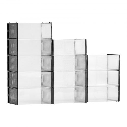 Shoe Storage Boxes, 12 Pack Stackable Shoe Boxes Storage Organizers, Fit up to US Size 11, Plastic Modular Space Saving Sneaker Containers for Storing High Heels, Boots, and Hats, Black Frame