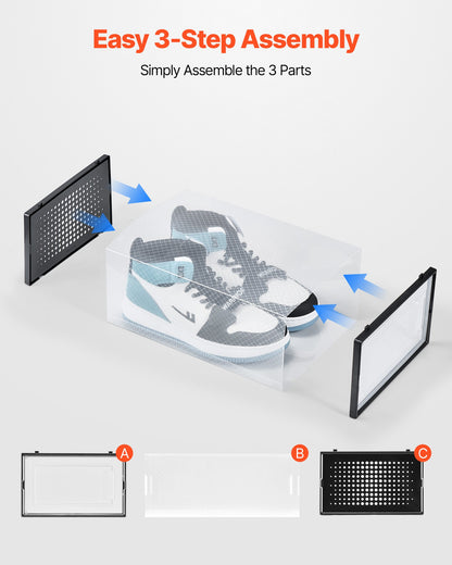 Shoe Storage Boxes, 12 Pack Stackable Shoe Boxes Storage Organizers, Fit up to US Size 11, Plastic Modular Space Saving Sneaker Containers for Storing High Heels, Boots, and Hats, Black Frame