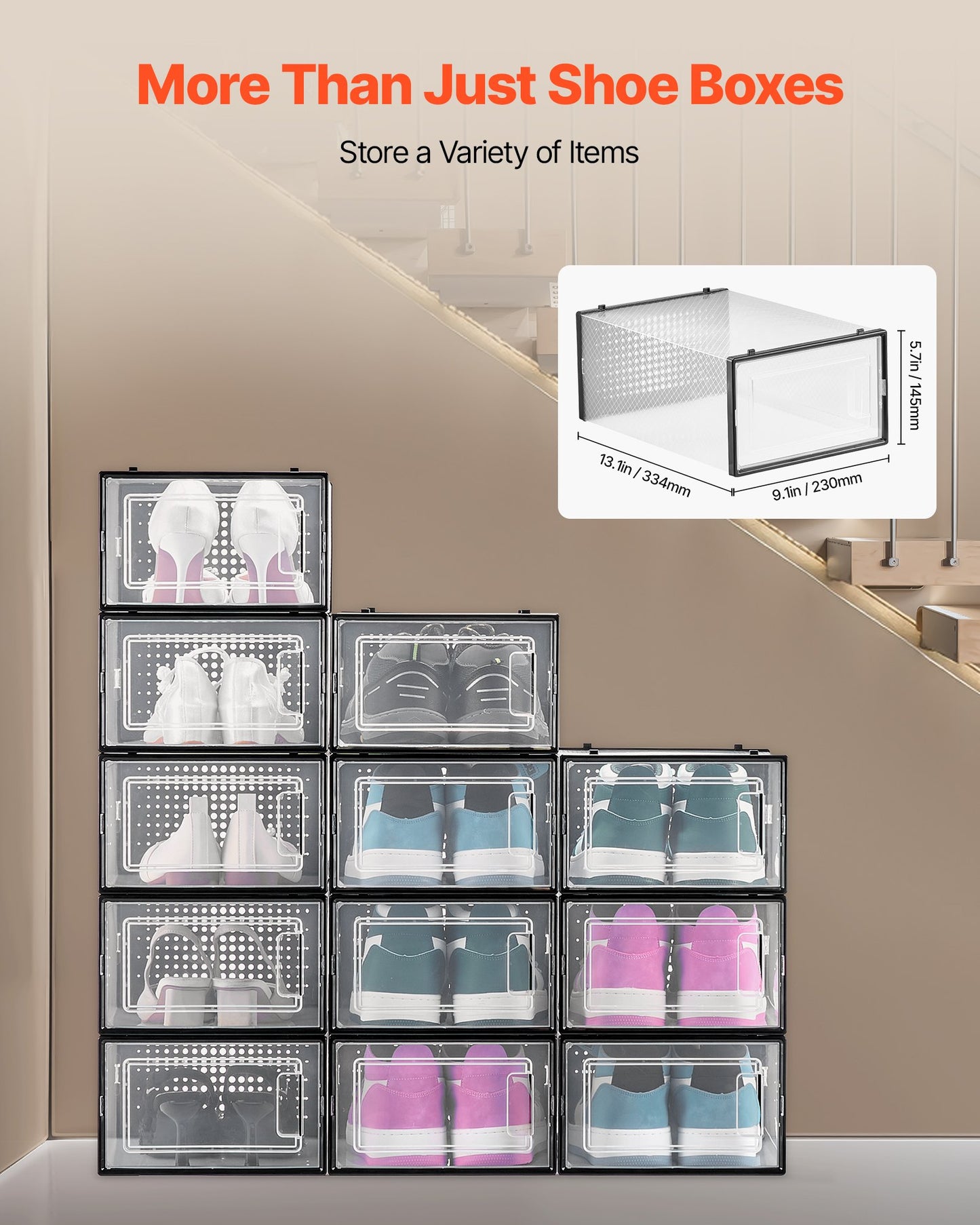 Shoe Storage Boxes, 12 Pack Stackable Shoe Boxes Storage Organizers, Fit up to US Size 11, Plastic Modular Space Saving Sneaker Containers for Storing High Heels, Boots, and Hats, Black Frame