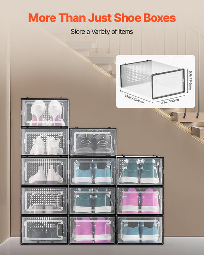 Shoe Storage Boxes, 12 Pack Stackable Shoe Boxes Storage Organizers, Fit up to US Size 11, Plastic Modular Space Saving Sneaker Containers for Storing High Heels, Boots, and Hats, Black Frame