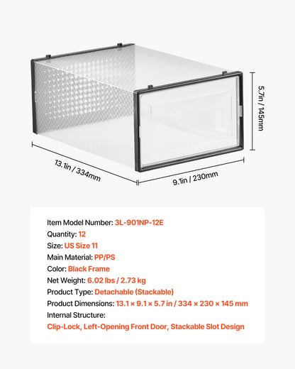 Shoe Storage Boxes, 12 Pack Stackable Shoe Boxes Storage Organizers, Fit up to US Size 11, Plastic Modular Space Saving Sneaker Containers for Storing High Heels, Boots, and Hats, Black Frame