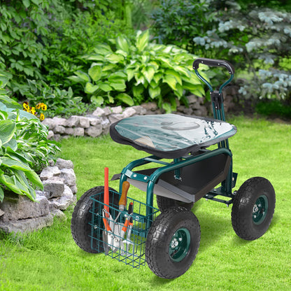 Gartenwagen mit Rollen, Gartenhocker zum Pflanzen, 360° drehbarer Sitz, Wagen mit Lenker und Ablage für Gartengeräte, geeignet für Terrasse, Garten und Außenbereich, grün
