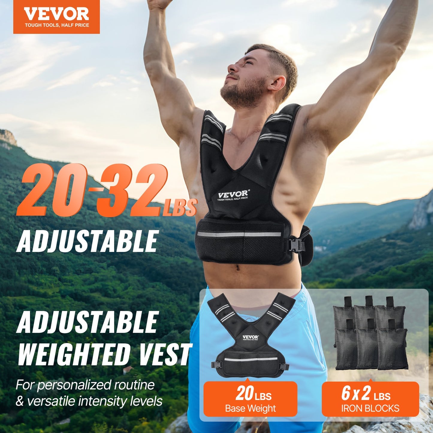 Adjustable Weighted Vest, 20-32lb Weight Vest with 6 Ironsand Weights and Reflective Stripe, Body Weight Vest Exercise Set for Men Women, Workout Equipment for Strength Training Running Jogging