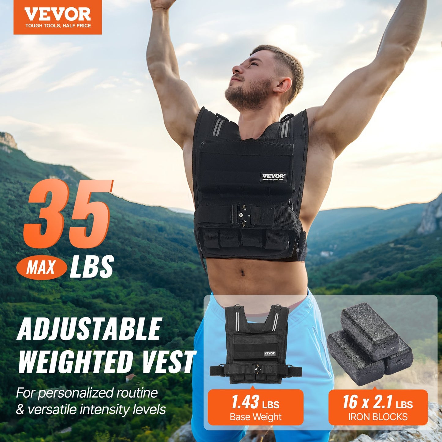 Adjustable Weighted Vest, 35lb Weight Vest with Iron Weights, Shoulder Pad, and Reflective Stripe, Body Weight Vest Exercise Set for Men Women, Workout Equipment for Strength Training Running