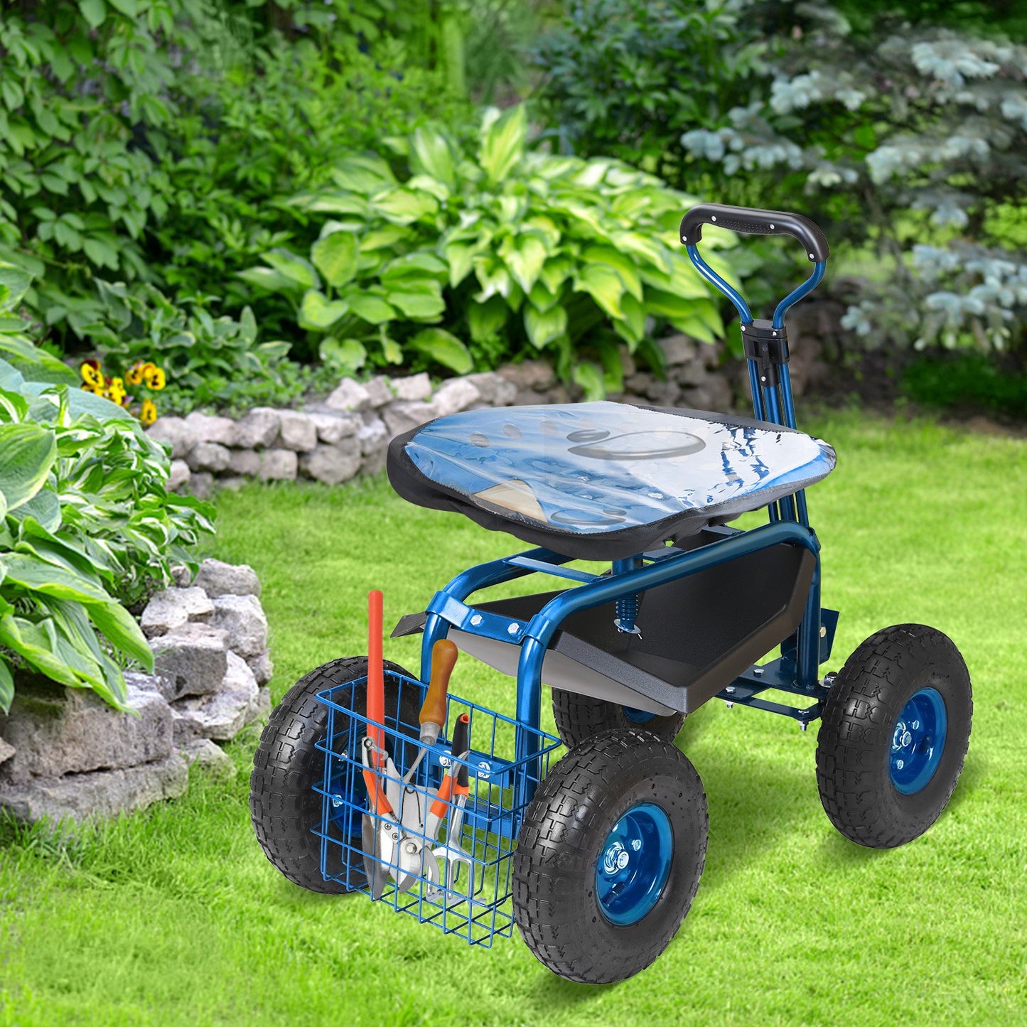Garden Cart Rolling Workseat with Wheels, Gardening Stool for Planting, 360 Degree Swivel Seat, Wagon Scooter with Steering Handle & Utility Tool Tray, Use for Patio, Yard, and Outdoors, Blue